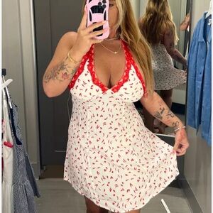 Red and White Halter Dress with Lace Trim